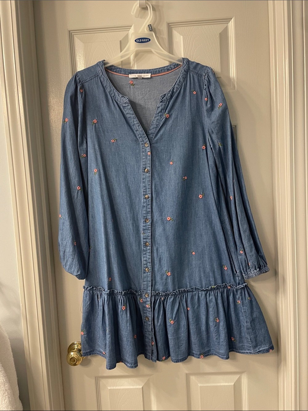 Denim Blue Embroidered Button-Front Dress